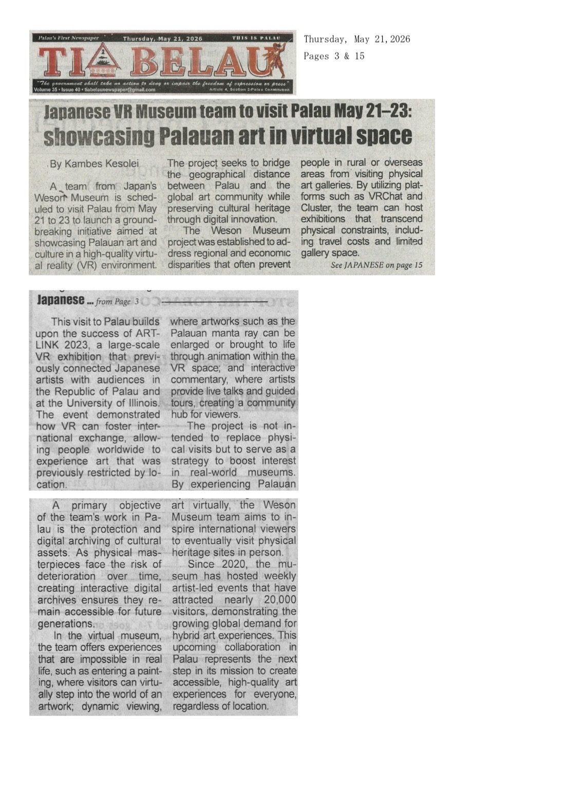 Tia Belau newspaper (May 21, 2026)